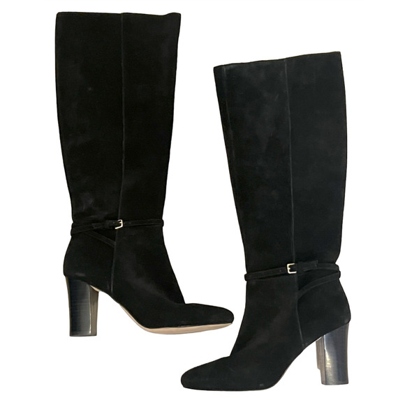 NEW ANN TAYLOR BLACK HIGH HEEL SUEDE LEATHER BUCKLE TALL KNEE HIGH BOOTS SZ 5.5 - Picture 3 of 13